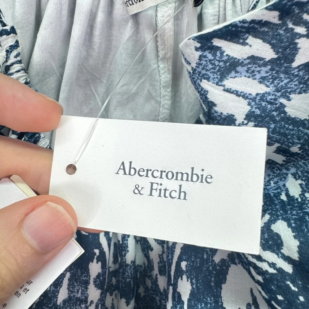 Abercrombie Dress Womens L Blue White Batik Tiered Maxi Tie Strap Boho Beach
